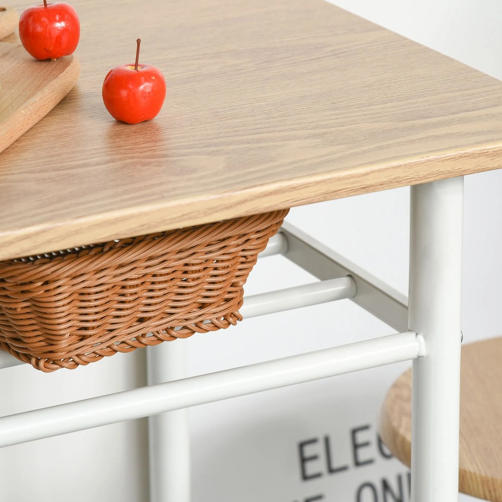 HOMCOM Conjunto de Móvel Bar Conjunto de Mesa Alta e 2 Bancos com Prateleira de Armazenamento e Estrutura de Metal para Cozinha Sala de Jantar 80x50x90cm Branco e Madeira