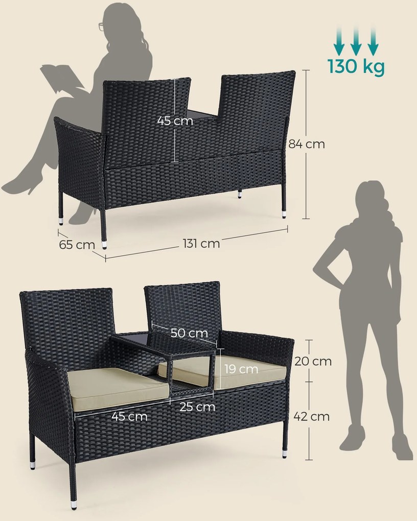 Banco de jardim em polyrattan PE com mesa 65 x 131 x 84 cm preto-taupe