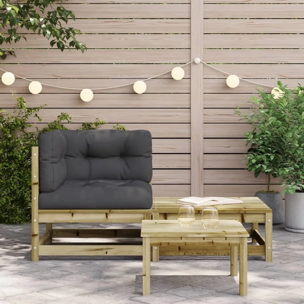 Sofá de canto para jardim com almofadões e apoio de pés