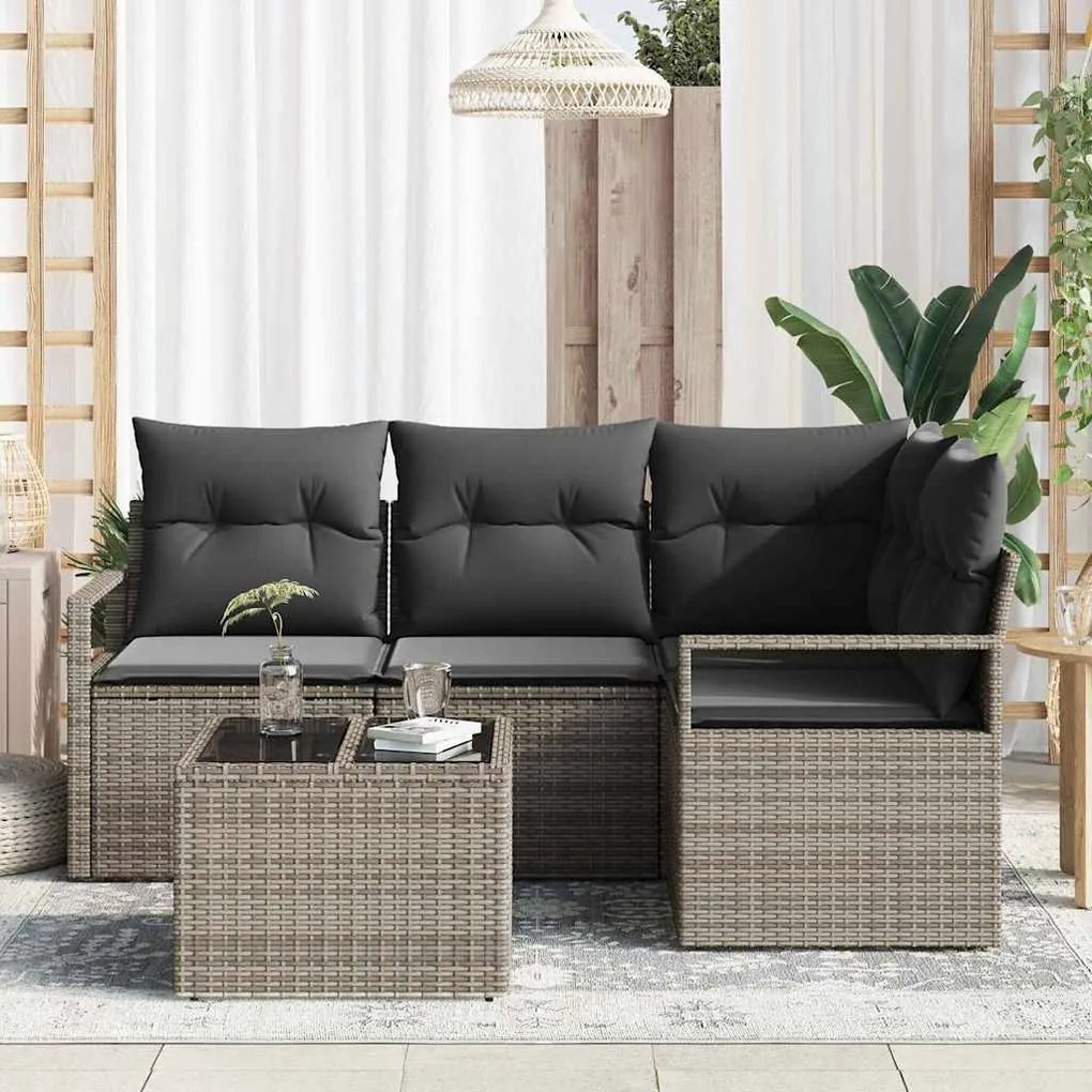 Conjunto de Sofá de Jardim 4 Peças com Almofadas de Rattan Preto