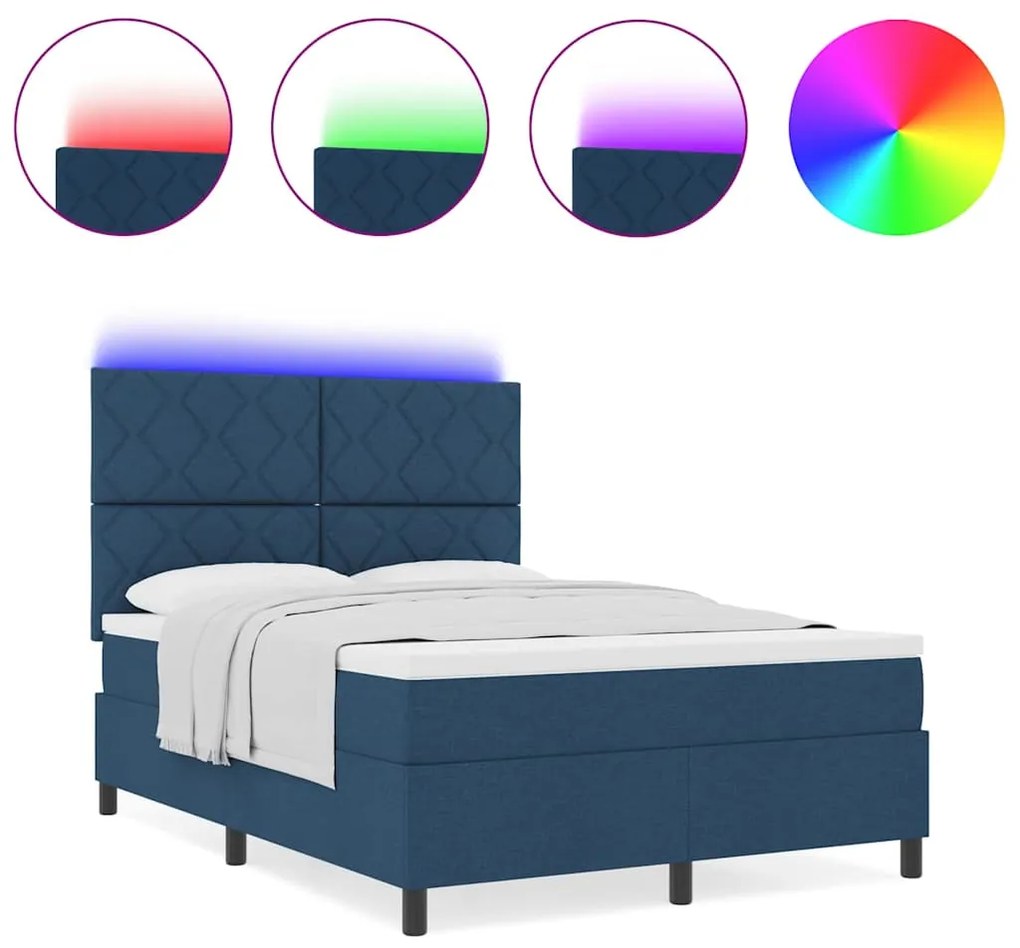 Cama Box com Colchão e LED Azul 140x200 cm Tecido