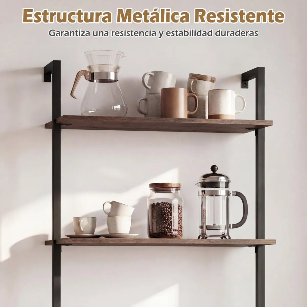 Estante flutuante 53,5 x 29,5 x 96 cm de 3 níveis em forma de escada, com estrutura preta e painéis industriais, para casa de banho, cozinha ou sala d