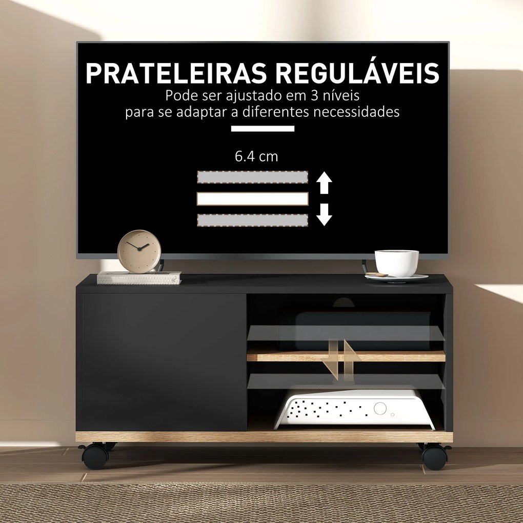 Móvel de TV com Rodas para Televisores até 42 Polegadas com 1 Porta 2 Compartimentos Abertos Prateleira 80x45x41 cm Preto