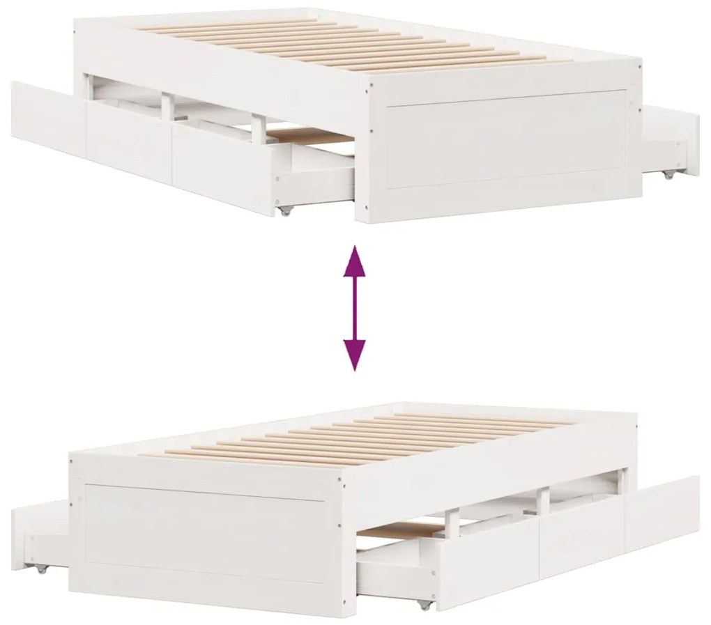 Cama sem colchão com gavetas 90x200 cm pinho maciço branco