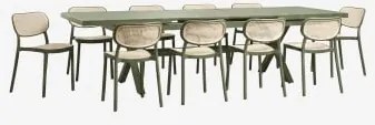 Conjunto De Mesa Retangular Extensível 240-300x100 Cm Em Alumínio Karena E 10 Cadeiras De Jardim Empilháveis Em Polipropileno Om Verde Azeitona Intens