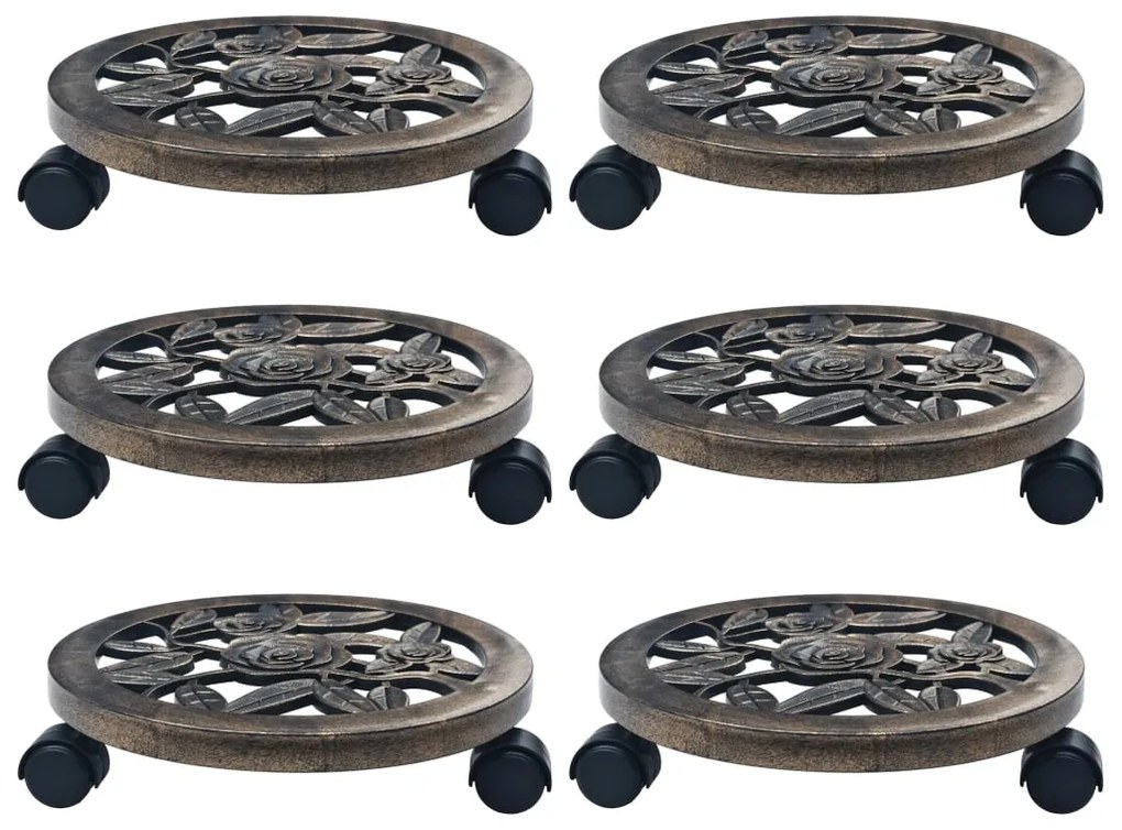 48227 vidaXL Suportes com rodas para plantas 6 pcs 30 cm plástico bronze