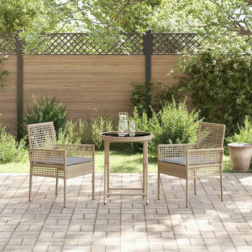 Conjunto de Bistro de Jardim com 3 Peças e Almofadas Bege em Rattan Si