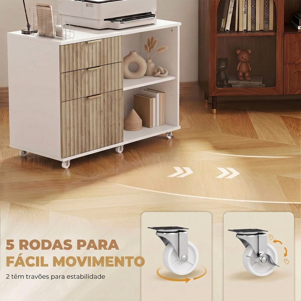 Móvel para Impressora com Rodas, 3 Gavetas, Barra Ajustável e 2 Prateleiras Abertas para Documentos A4, Branco e cor Carvalho