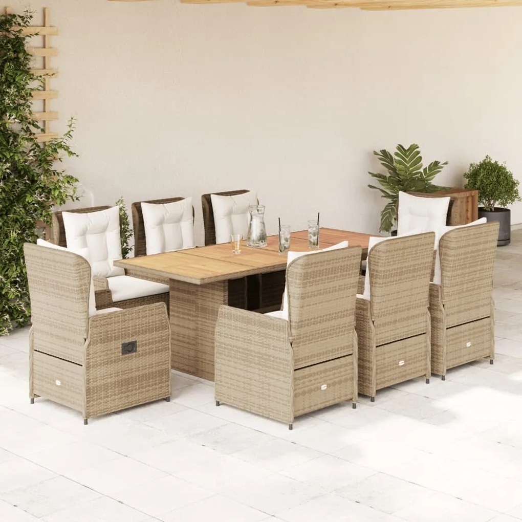 vidaXL 9 pcs conjunto de jantar p/ jardim com almofadões vime PE bege