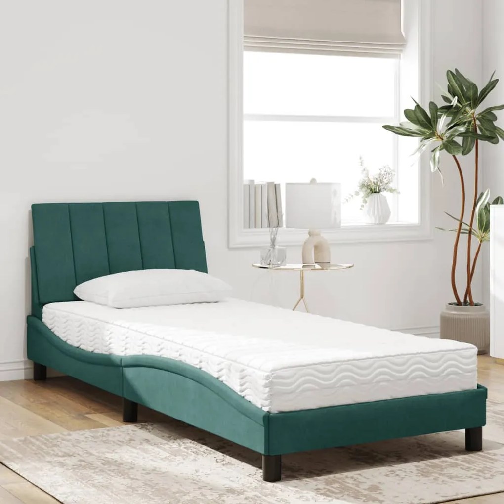 Cama com colchão 90x190 cm veludo verde-escuro