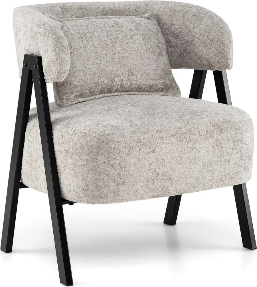 Poltrona Barrel Estofada em Couro Sintético Almofada Lombar Pernas em Metal Cinza