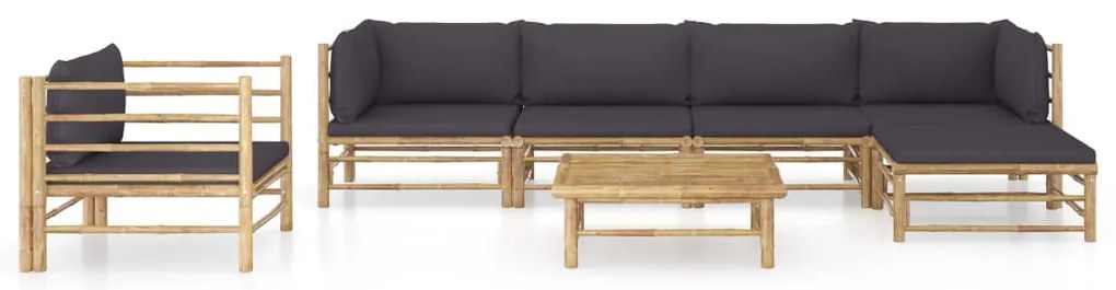 7 pcs conj. lounge jardim em bambu c/ almofadões cinza-escuro