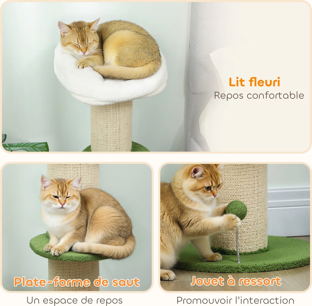 Arranhador para gatos  Ø 45 x 92 cm com flores, de 3 níveis, barril para arranhar, plataforma e poste com bola em sisal,, verde