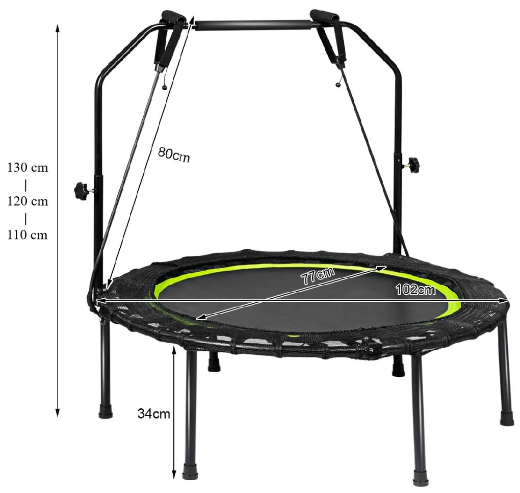 Trampolim de Fitness dobrável com 2 bandas de resistência e altura ajustável para adultos e crianças Verde 102 x 102 x 130 cm