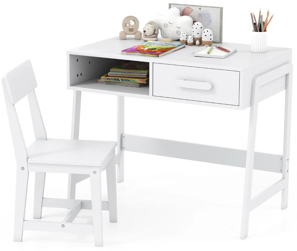 Conjunto de secretária e cadeira para crianças com gaveta e estante Branco