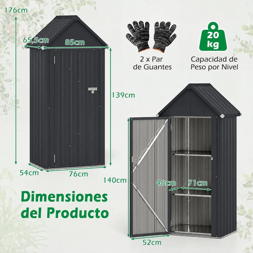 Abrigo de Jardim Metálico, 76 x 54 x 176 cm, Prateleiras Ajustáveis, Cinzento-escuro