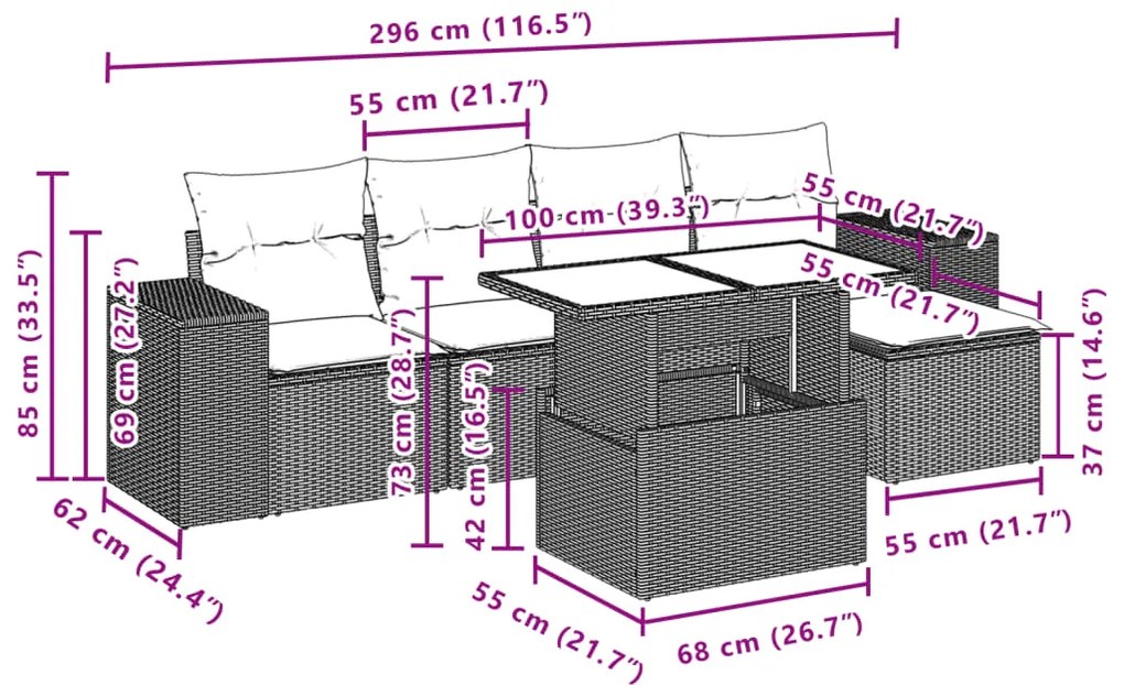 6 pcs conjunto sofás de jardim com almofadões vime cinzento