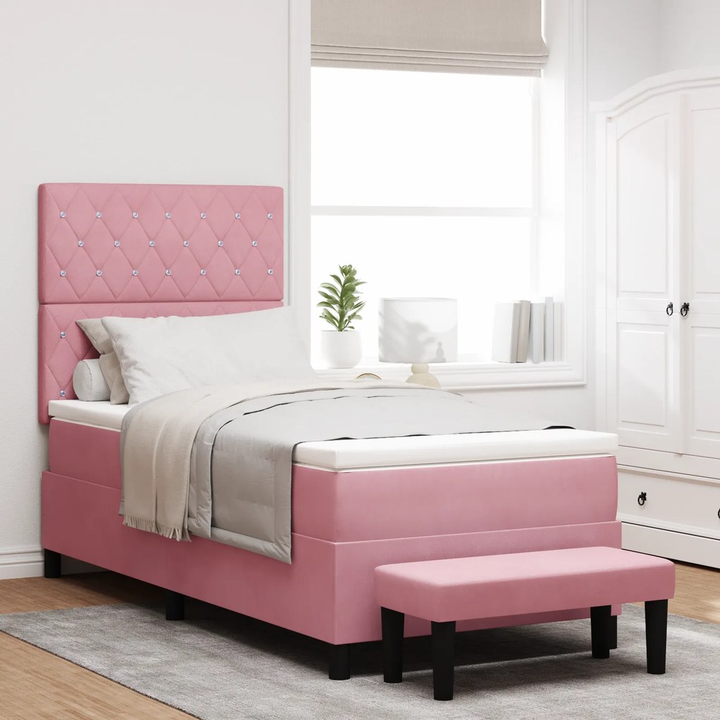 Cama Box Spring com Colchão e Banco Rosa 90x200 cm Veludo