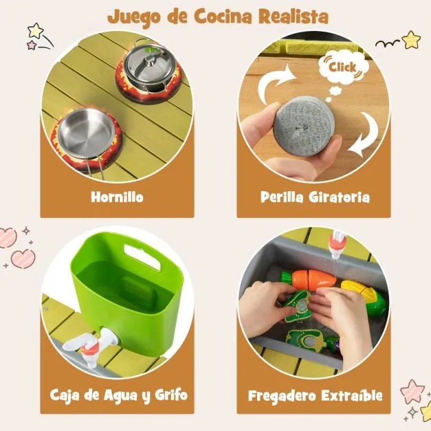 Cozinha de brincar de madeira para crianças com caixa de água Torneira realista Lava-loiça destacável para crianças com mais de 3 anos Natural