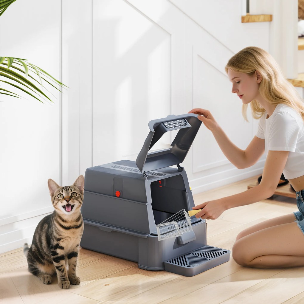 Caixa de Areia para Gatos de Aço Inoxidável XL com Tampa Articulada 180° Laterais Altas Pedal Pá 63x43x43 cm Cinzento Escuro