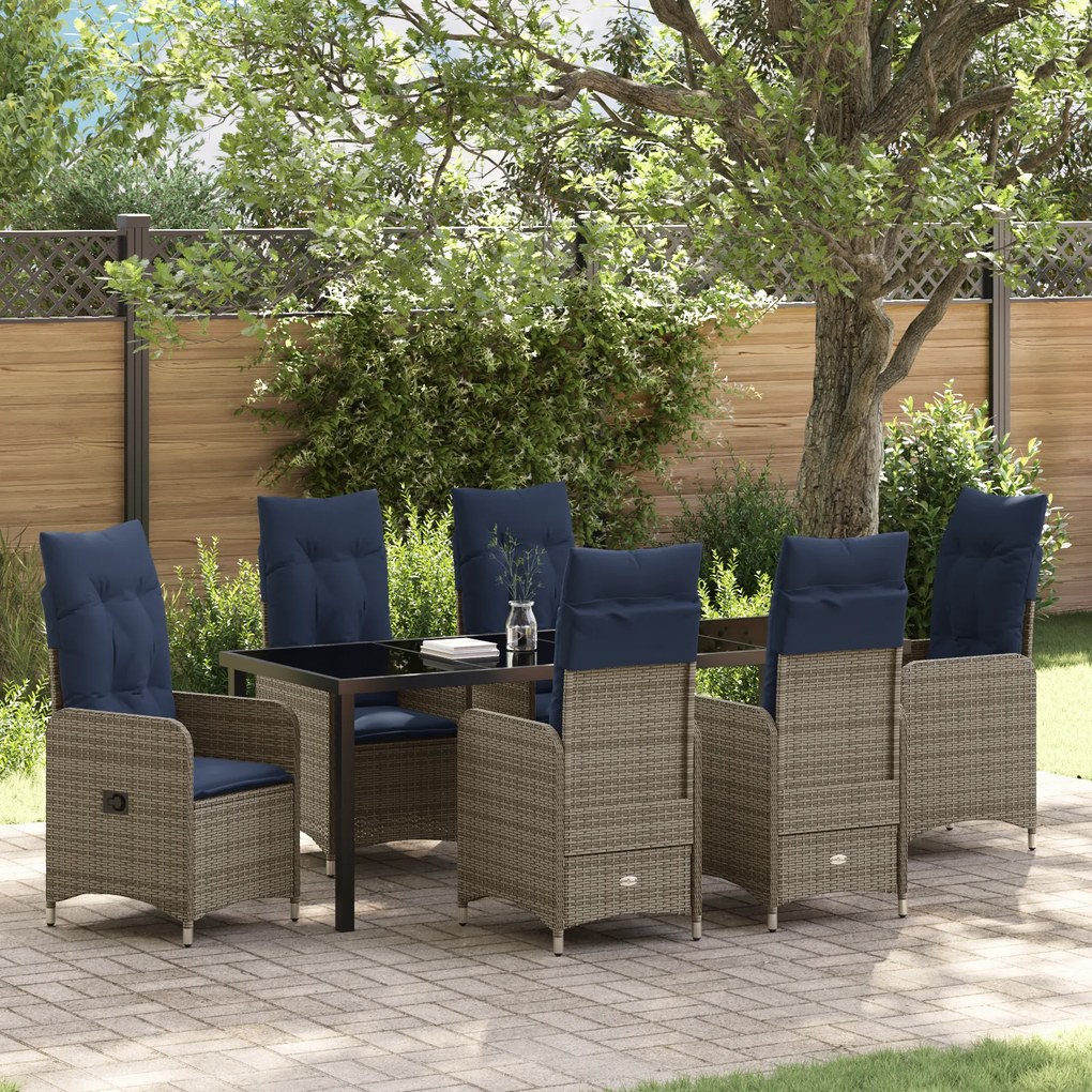 vidaXL Conjunto de Jantar de Jardim de 7 Peças com Almofadas Pretas de Rattan Poliéster