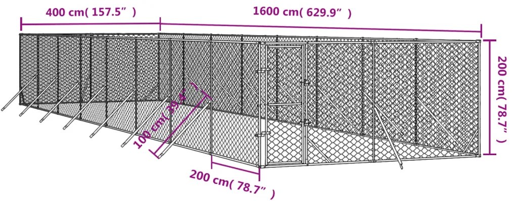 Canil de exterior 4x16x2 m aço galvanizado prateado