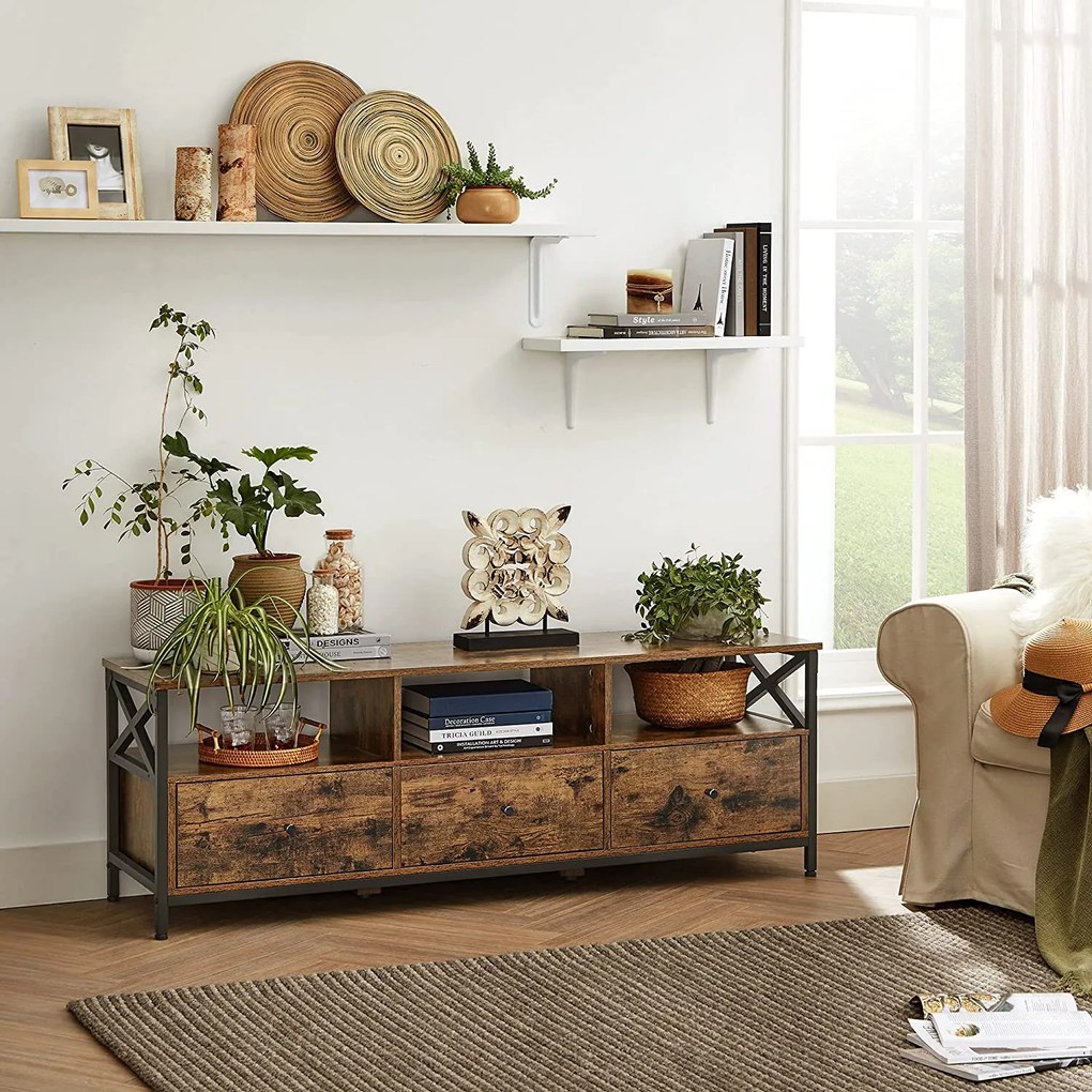 Móvel para TV em estilo industrial com 3 gavetas 147 x 40 x 50 cm (C x L x A) castanho vintage-preto