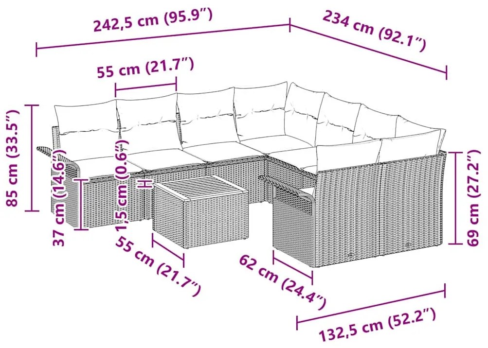 Conjunto de sofá de jardim de 9 peças com almofadas em rattan cinza e