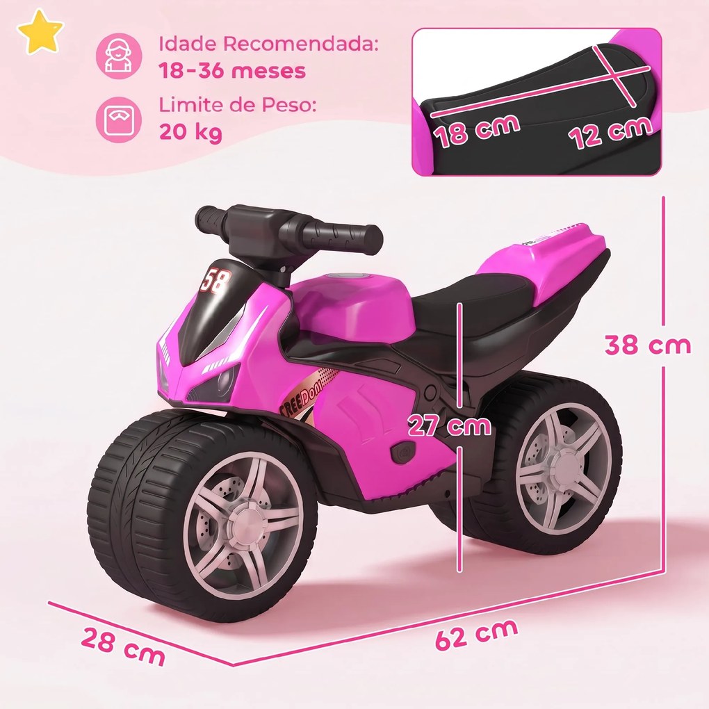 Mota de Equilíbrio Infantil sem Pedais com Música e Rodas Extra Largas para Crianças dos 18–36 Meses Rosa