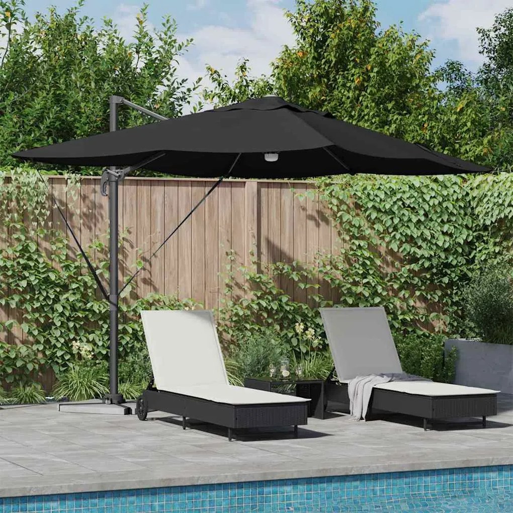 Guarda-Sol Cantilever Roma com LEDs em preto, 352x251x265 cm, feito de