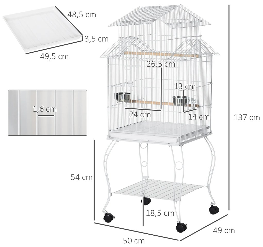Gaiola para Pássaros com Rodas Gaiola Grande com Suporte 50x49x137cm com Bandeja Amovível Portas Comedouro Poleiro e Prateleira Inferior para Canários