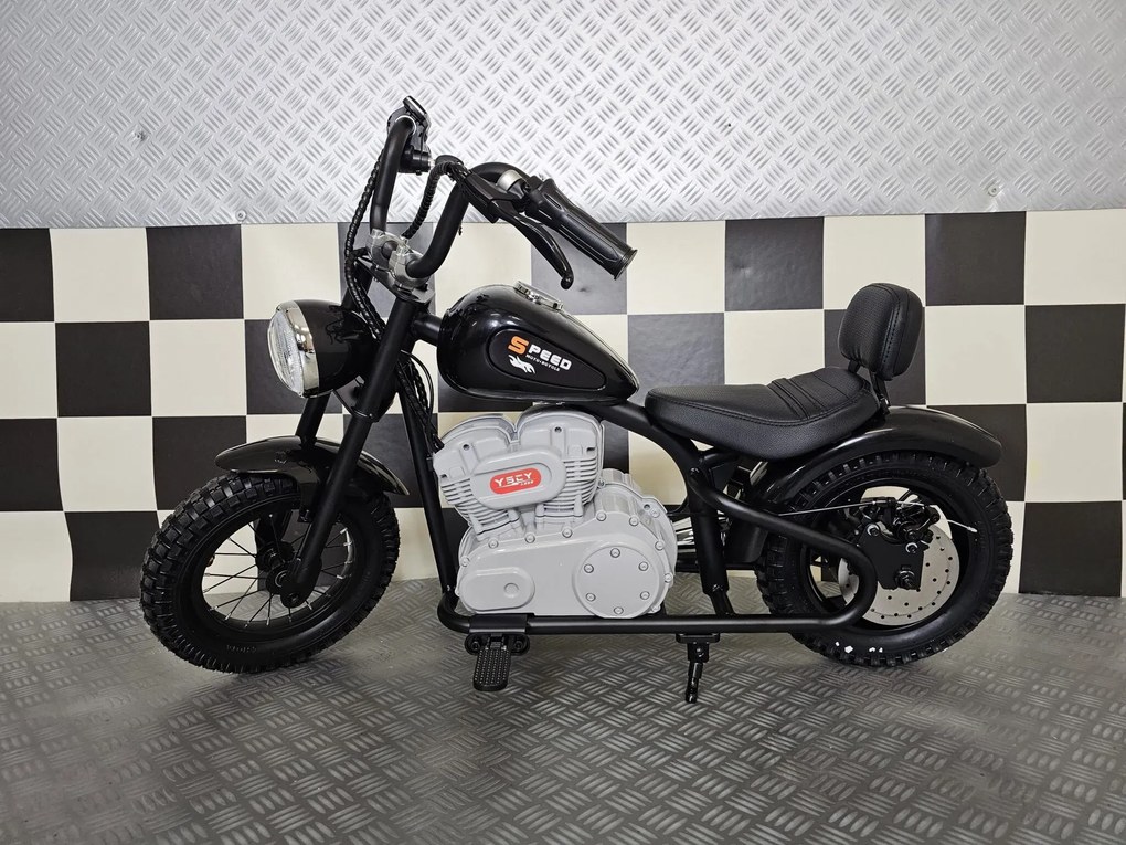 Mota para crianças Chopper 24V Assento em pele, rodas borracha, Luzes Preta