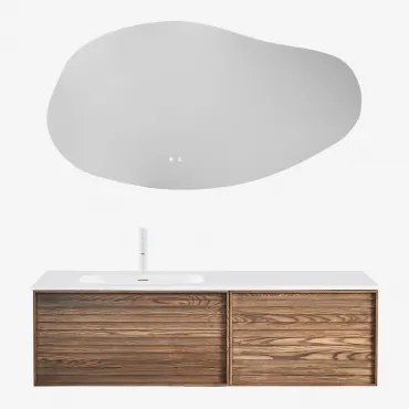 Conjunto De Móveis De Banheiro Em Madeira Solea Com Pia Integrada Madeira Natural & Led Irregular E Antiembaciamento 140x75 Cm Riben & - Sklum