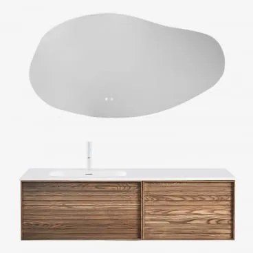 Conjunto De Móvel De Casa De Banho Suspenso Em Madeira Com Lavatório Integrado Solea Castanho Fresno & Led Irregular E Antiembaciamento - Sklum