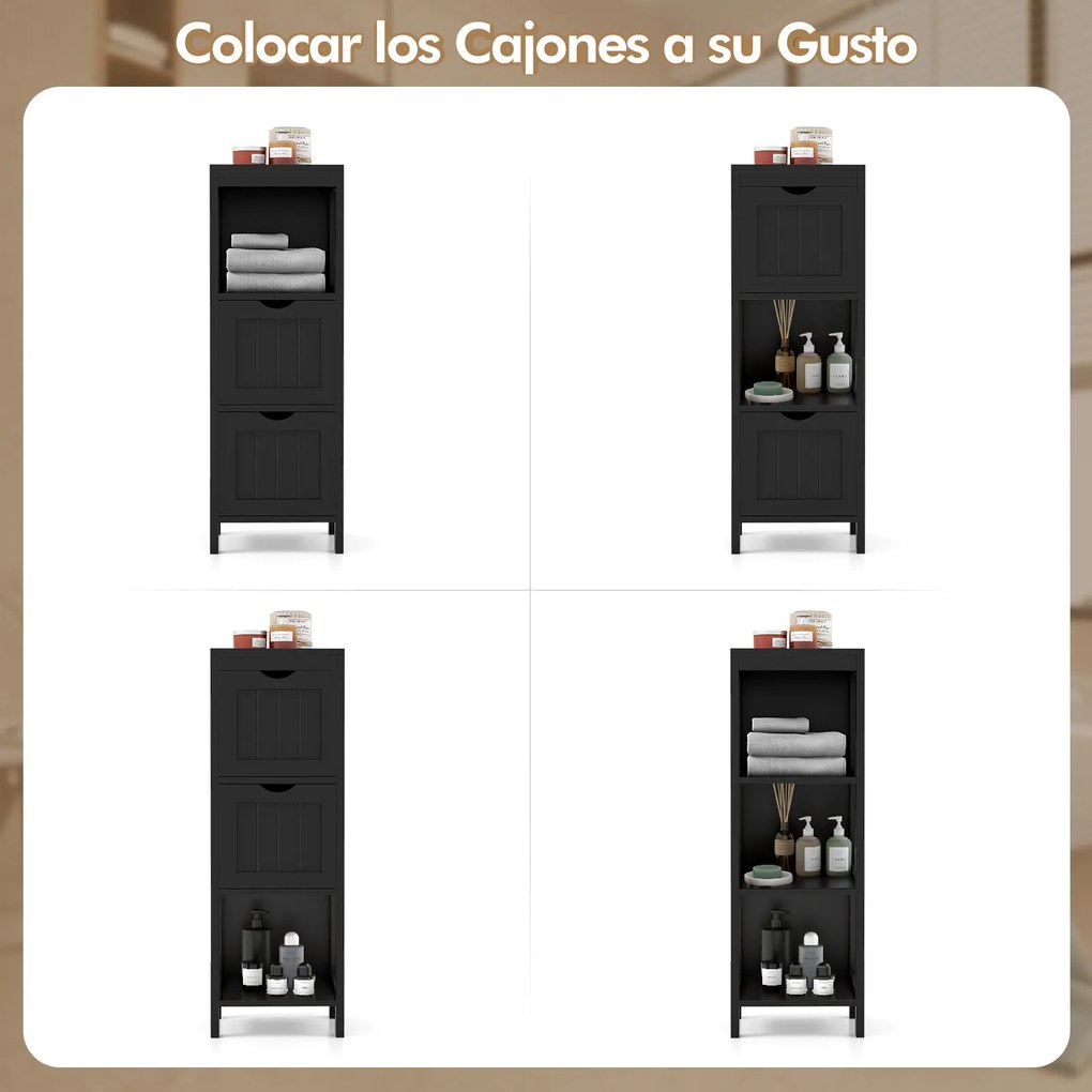 Armário para casa de banho com gavetas de arrumação 30 x 30 x 89 cm, com 2 gavetas extraíveis, lateral estreita,  preto