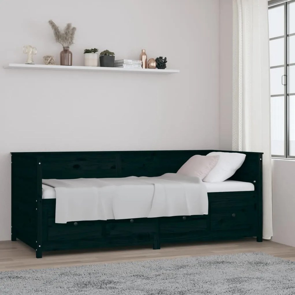 vidaXL Sofá-cama 90 x 200 cm madeira de pinho maciça preto