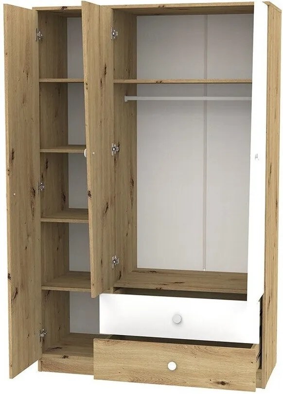 Roupeiro Almira 102, Carvalho Artisan, Branco, 191x120x50cm, 91.99 kg, Portas para roupeiro: Com dobradiças, Número de prateleiras: 5, Número de prateleiras: 5