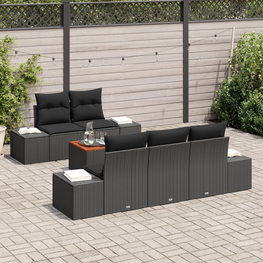 Conjunto de Sofá Garden de 6 Peças com Almofadas Pretas de Poli Rattan