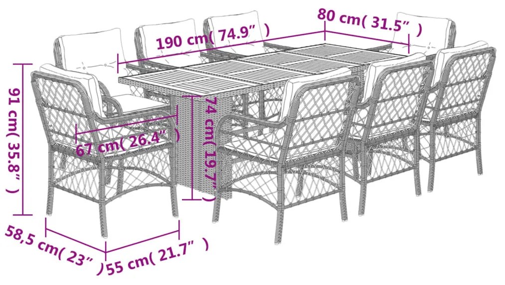 9 pcs conjunto de jantar p/ jardim c/ almofadões vime PE cinza