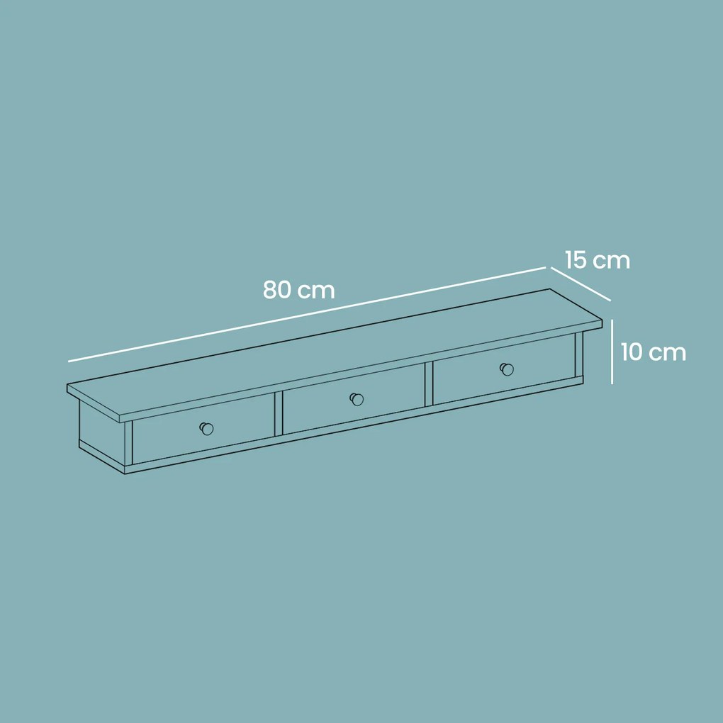 Prateleira suspensa com 3 gavetas 15 x 80 x 10 cm branco