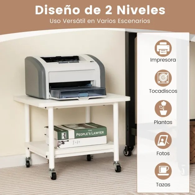 Mesa Impressora para escritório com 4 Rodas e Mecanismo Travamento com Prateleira 49 x 40 x 38 cm Branco