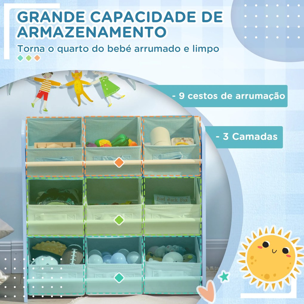 Estante para Brinquedos com 9 Caixas de Tecido não Tecido Amovíveis Organizador de Brinquedos 63x30x60 cm Azul