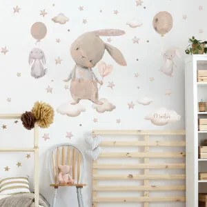 Autocolantes para crianças - Coelhinhos com estrelas, balões e nome