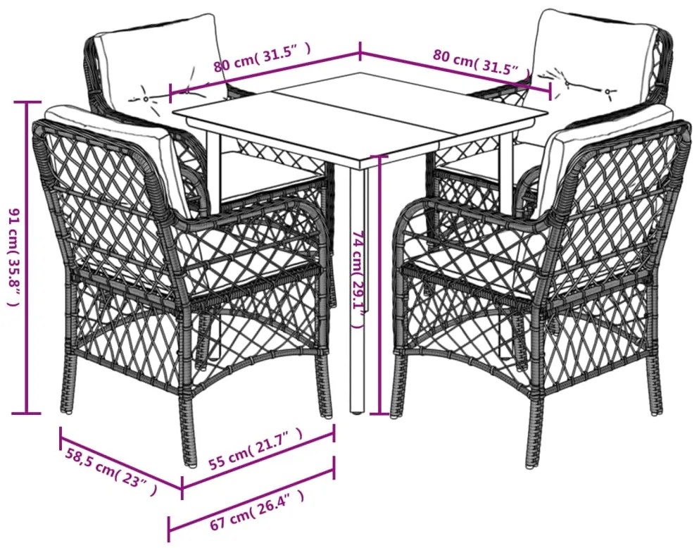 5 pcs conjunto de jantar p/ jardim c/ almofadões cinzento claro