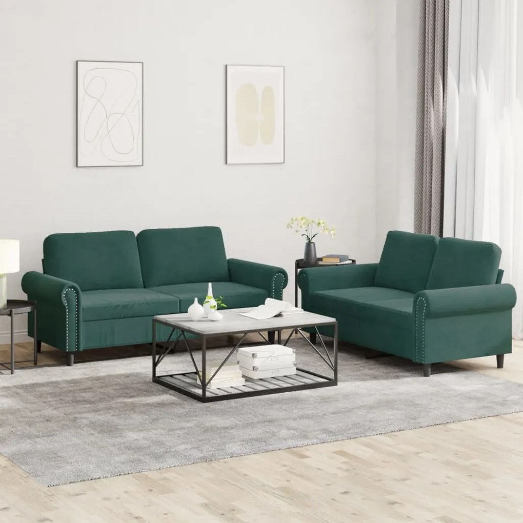 3202212 vidaXL 2 pcs conjunto de sofás com almofadões veludo verde-escuro