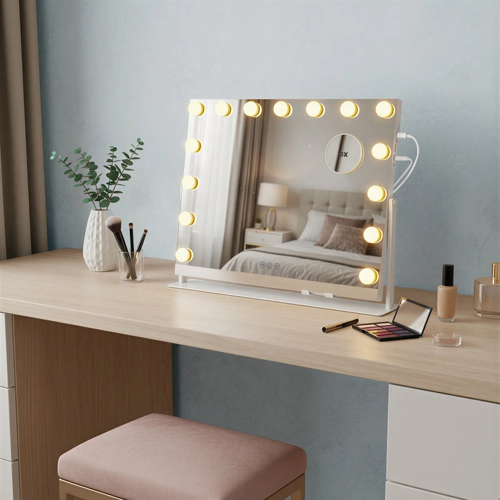 Espelho maquilhagem LED com 15 lâmpadas 10 x 62,5 x 45,8 cm, ampliação de 10 vezes, porta de carregamento branco