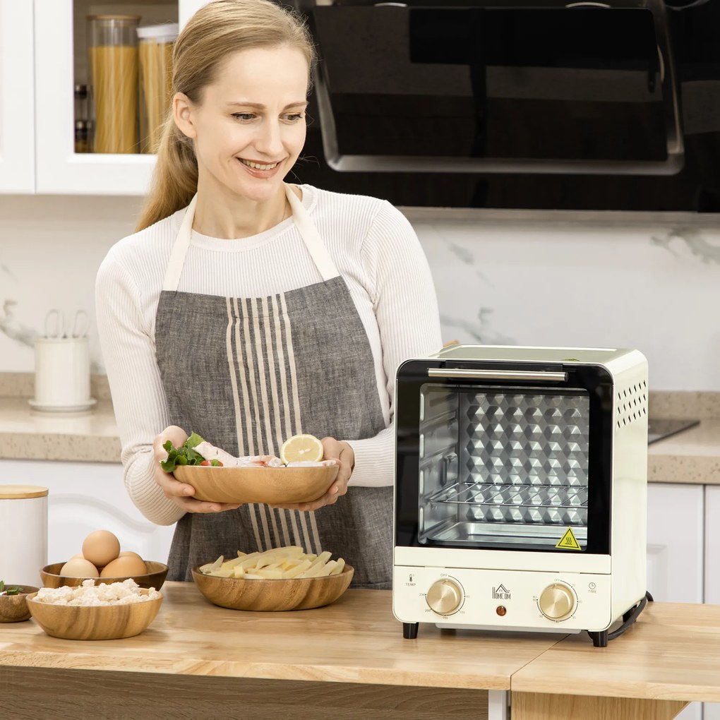 HOMCOM Mini Forno Elétrico 15 Litros 1000W Forno com Temperatura até 230°C Temporizador 60 Minutos Bandeja e Grade 25,5x27,5x32cm Creme