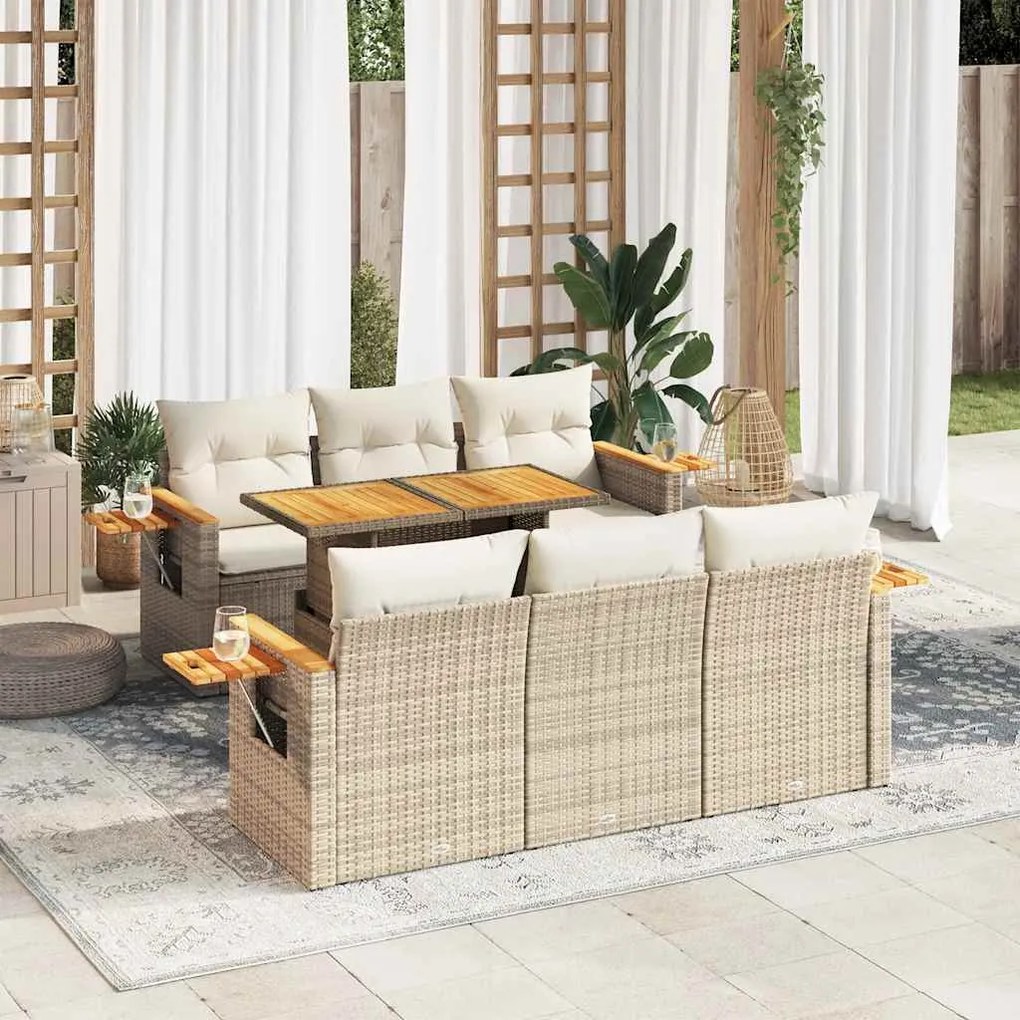 7 pcs conjunto sofás jardim com almofadões vime PE/acácia bege