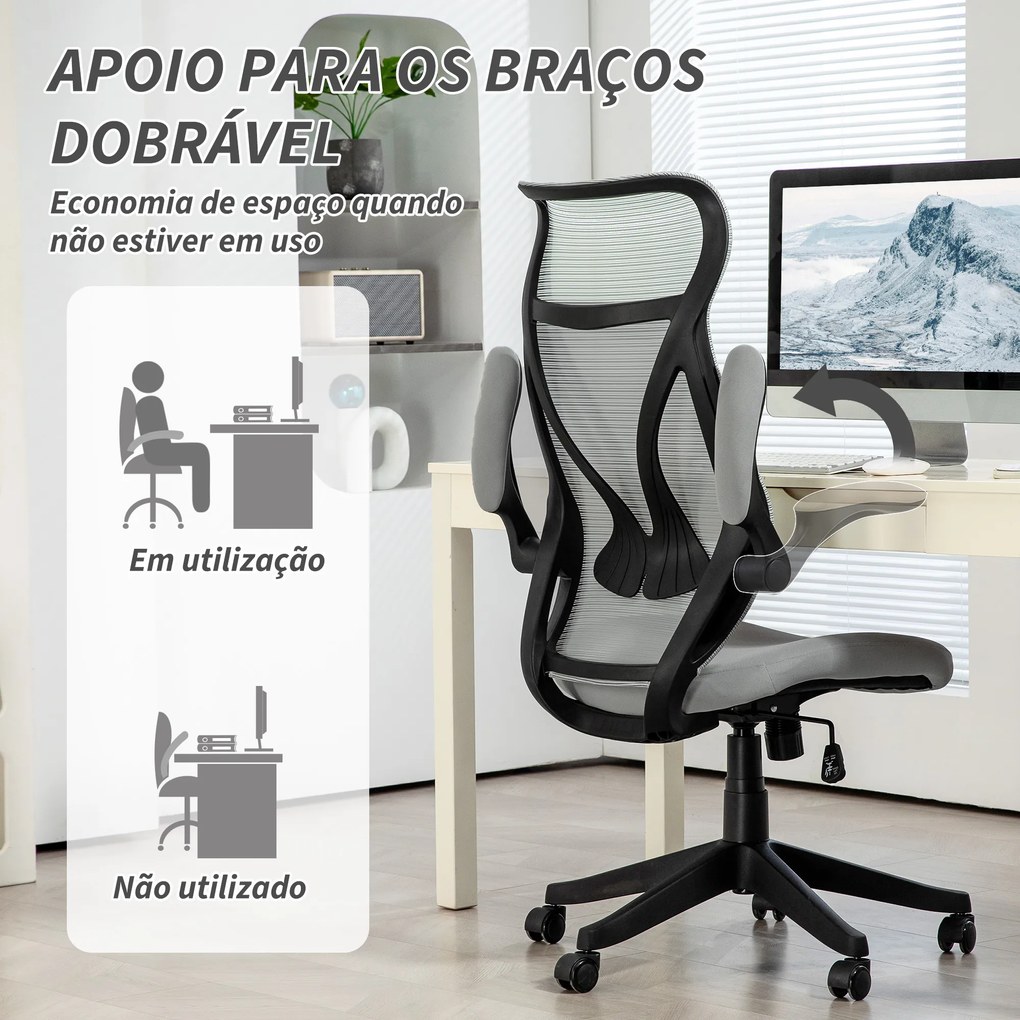 Cadeira de Escritório Giratória com Altura Ajustável Apoio para os Braços Dobráveis e Função Basculante 66x66x113-121 cm Cinza