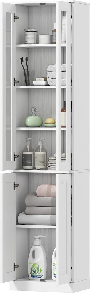 Móvel de casa de banho com 6 níveis 38 L x 26 P x 160 A cm, móvel de arrumação com 4 portas com fecho suave e prateleiras ajustáveis, branco